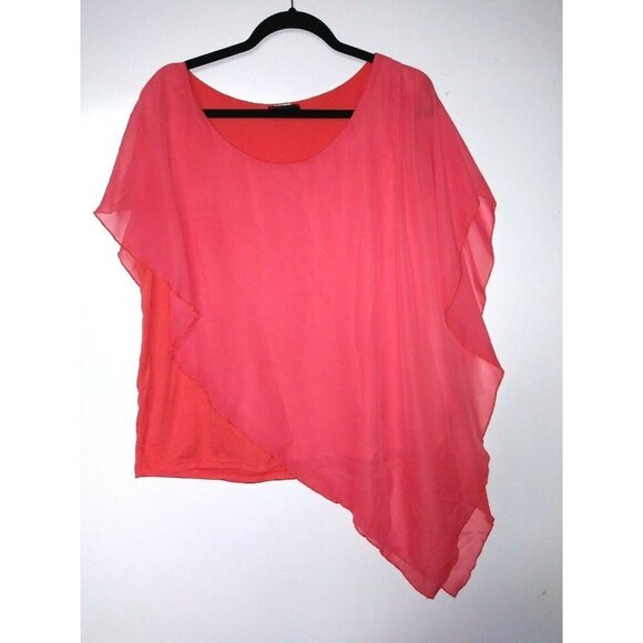 Womens Poncho Style Top Asymmetrical Sz L Pink/Coral sheer and knit Mesmerized - Picture 1 of 7